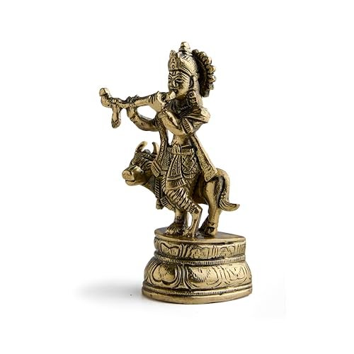 ESPLANADE Brass Krishna Statue, Krishan with Cow Murti, Kishan Krishna Idol Small, Hindu God Idols for Pooja Room, Mandir Decoration, Home Decoration Items for Living Room, Golden (4.5 Inch) - Image 5