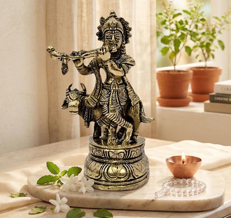 ESPLANADE Brass Krishna Statue, Krishan with Cow Murti, Kishan Krishna Idol Small, Hindu God Idols for Pooja Room, Mandir Decoration, Home Decoration Items for Living Room, Golden (4.5 Inch) - Image 4