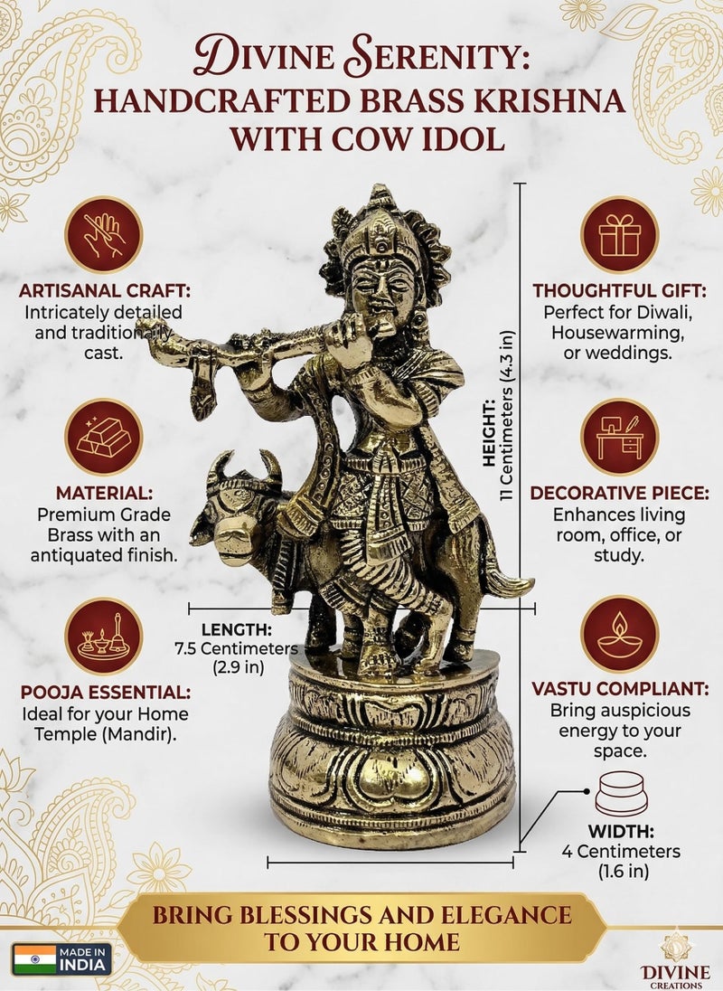 ESPLANADE Brass Krishna Statue, Krishan with Cow Murti, Kishan Krishna Idol Small, Hindu God Idols for Pooja Room, Mandir Decoration, Home Decoration Items for Living Room, Golden (4.5 Inch) - Image 3
