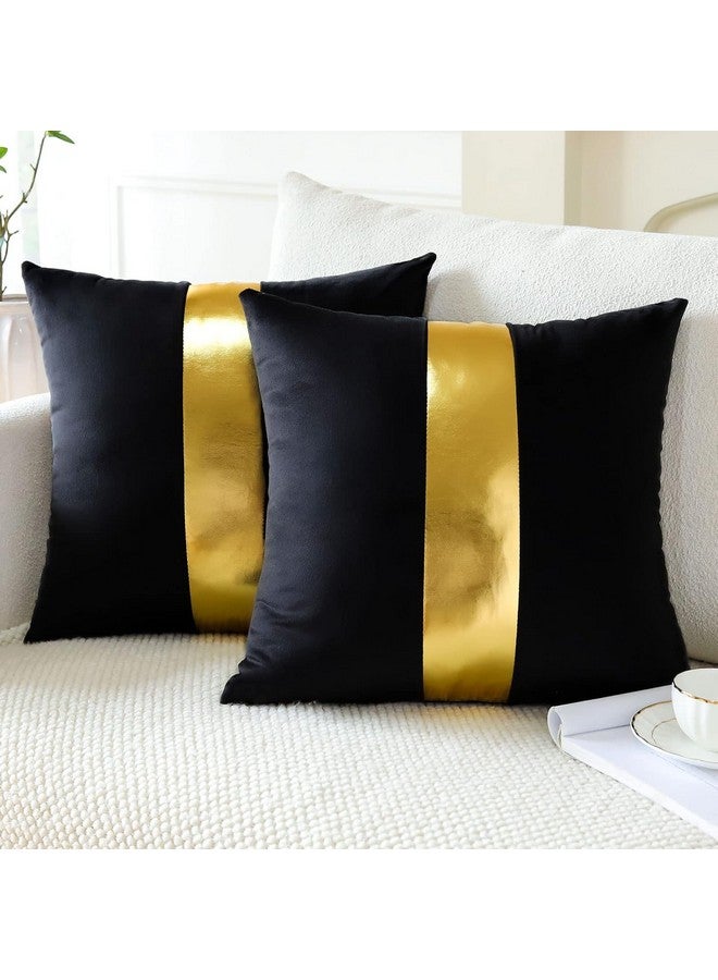 AEROHAVEN™ Set of 2 Premium Velvet with Gold Stripes Decorative Throw Pillow/Cushion Covers with Invisible Zipper - (16 x 16 Inch, Black) - Image 1