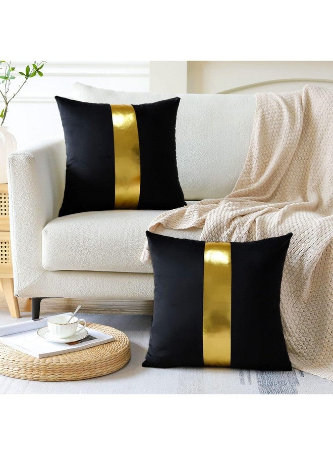AEROHAVEN™ Set of 2 Premium Velvet with Gold Stripes Decorative Throw Pillow/Cushion Covers with Invisible Zipper - (16 x 16 Inch, Black) - Image 2