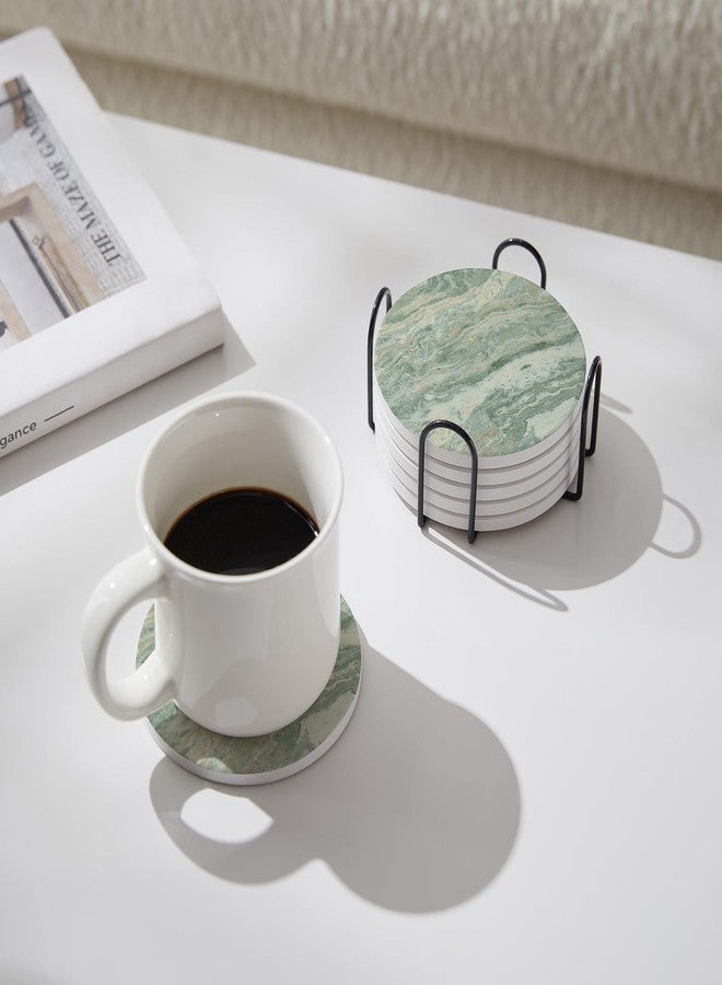 Hoomey Set of 6 Sage Green Abstract Onyx Marble Coasters with Holder, Absorbent Ceramic Drink Coasters for Table Protection, Coffee Table Decor - Image 5