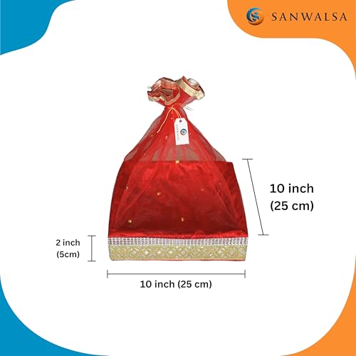 SANWALSA (Medium, 10x10x2 inch, Square, Red-Stone Lace) MDF Base Designer Gift Hamper Packaging Baskets with Net Cover, Gift Hamper Organiser Perfect for Any Occasion - Image 2