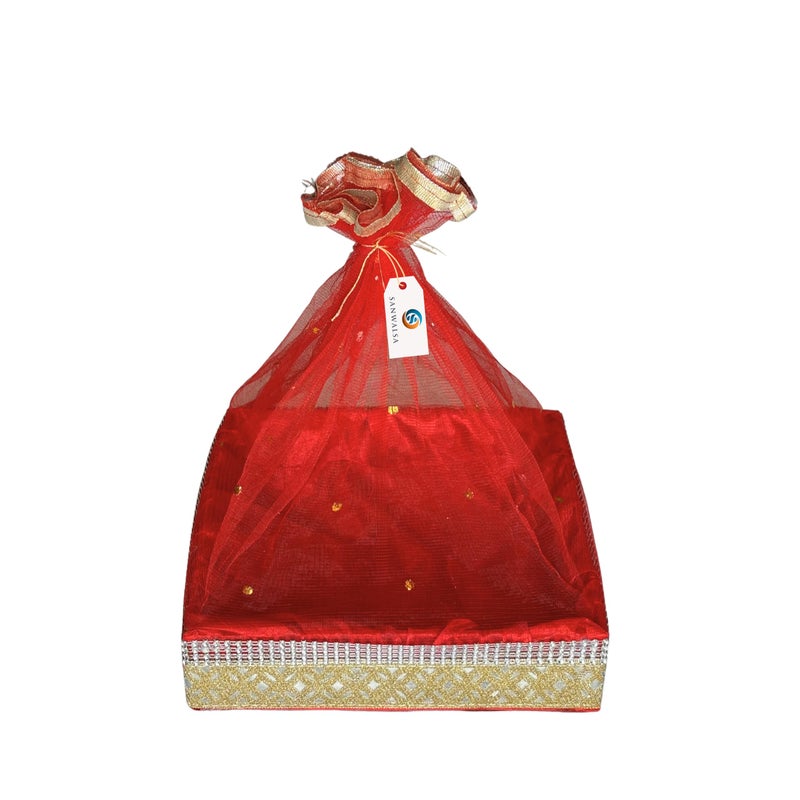 SANWALSA (Medium, 10x10x2 inch, Square, Red-Stone Lace) MDF Base Designer Gift Hamper Packaging Baskets with Net Cover, Gift Hamper Organiser Perfect for Any Occasion - Image 5