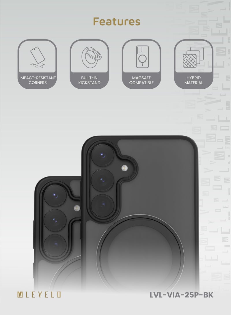 LEVELO S25 Plus Magsafe Case Via Matte with Ring Stand / Impact-Resistant Corners / Hybrid Material / Built-In 360° Ring Stand - Black  - Image 2