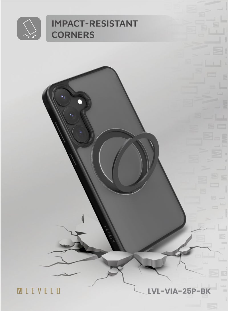 LEVELO S25 Plus Magsafe Case Via Matte with Ring Stand / Impact-Resistant Corners / Hybrid Material / Built-In 360° Ring Stand - Black  - Image 3