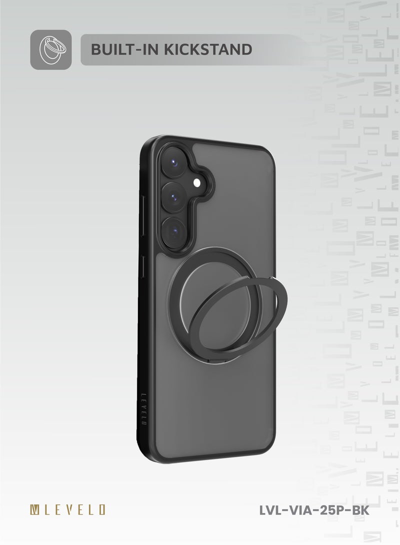 LEVELO S25 Plus Magsafe Case Via Matte with Ring Stand / Impact-Resistant Corners / Hybrid Material / Built-In 360° Ring Stand - Black  - Image 4