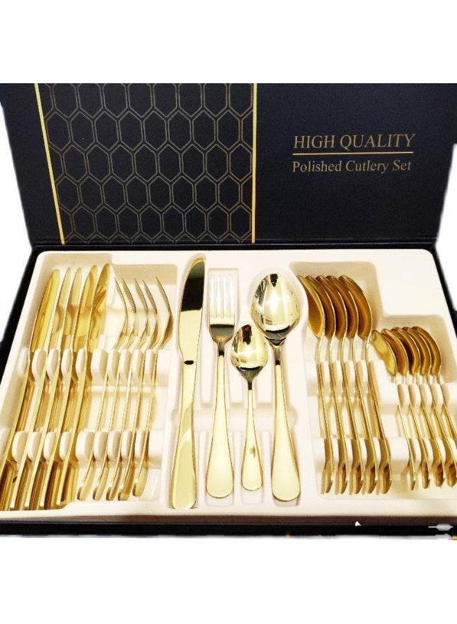 High-quality stainless steel cutlery 24-piece set gold home hotel western restaurant gift box - table knife * 6 table fork * 6 table spoon * 6 tea spoon * 6 - Image 1