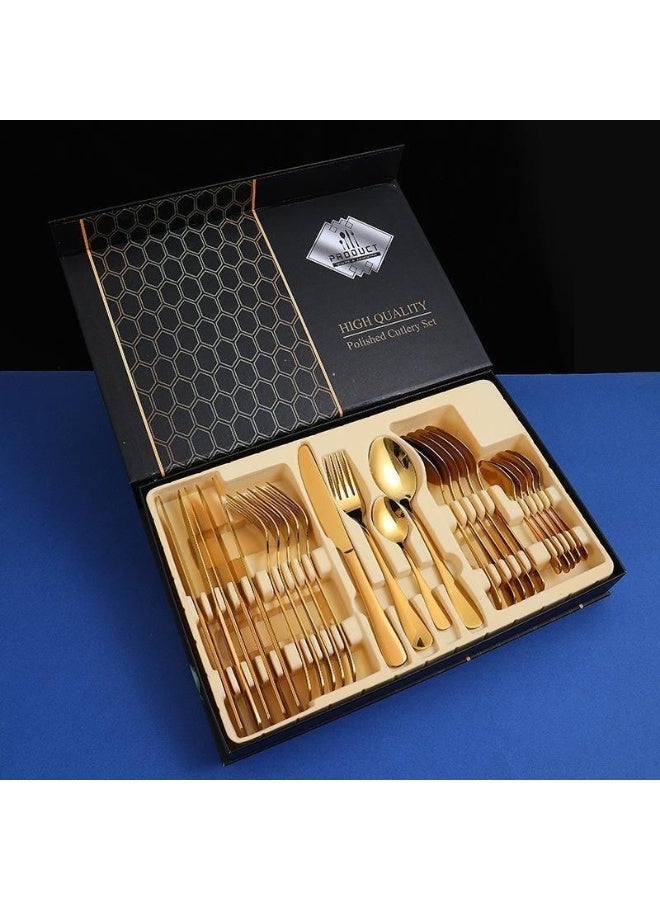 High-quality stainless steel cutlery 24-piece set gold home hotel western restaurant gift box - table knife * 6 table fork * 6 table spoon * 6 tea spoon * 6 - Image 3