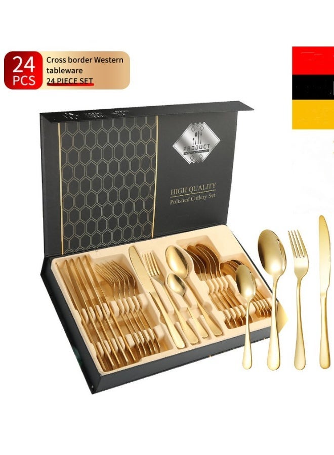 High-quality stainless steel cutlery 24-piece set gold home hotel western restaurant gift box - table knife * 6 table fork * 6 table spoon * 6 tea spoon * 6 - Image 4