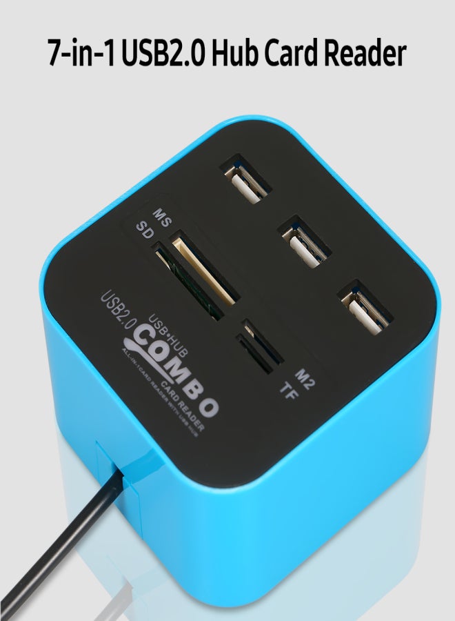 قارئ بطاقات USB 2.0 متعدد الوظائف 7 في 1 مع 3 منافذ توسعة USB 2.0 وفتحات لبطاقات TF/SD/MS/M2، سهل الاستخدام (التوصيل والتشغيل). - Image 2