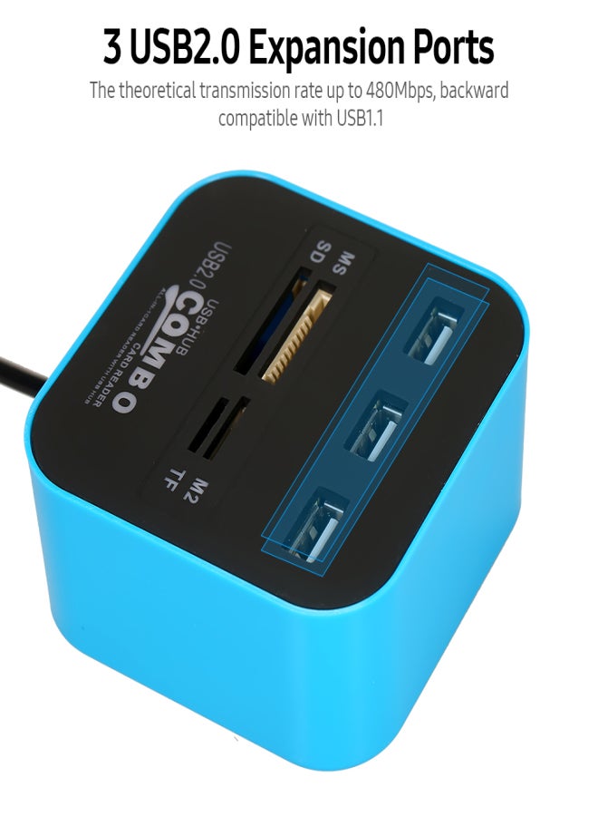 قارئ بطاقات USB 2.0 متعدد الوظائف 7 في 1 مع 3 منافذ توسعة USB 2.0 وفتحات لبطاقات TF/SD/MS/M2، سهل الاستخدام (التوصيل والتشغيل). - Image 3