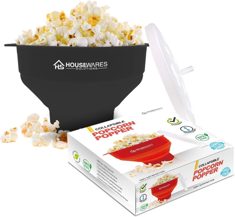 Collapsible Silicone Microwave Hot Air Popcorn Popper Bowl With Lid and Handles Black