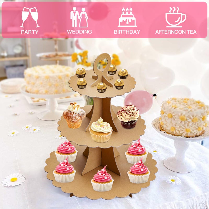 Soleebee 3-Tier Cupcake Stand, Cardboard Cupcake Tower, Dessert Cup Cake Stand Tower for Birthday Wedding Party Decoration, Cupcake Tier Stand 1 Set (Brown) - Image 5