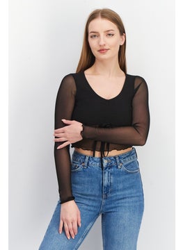 Women V-Neck Long Sleeve Textured Top, Black