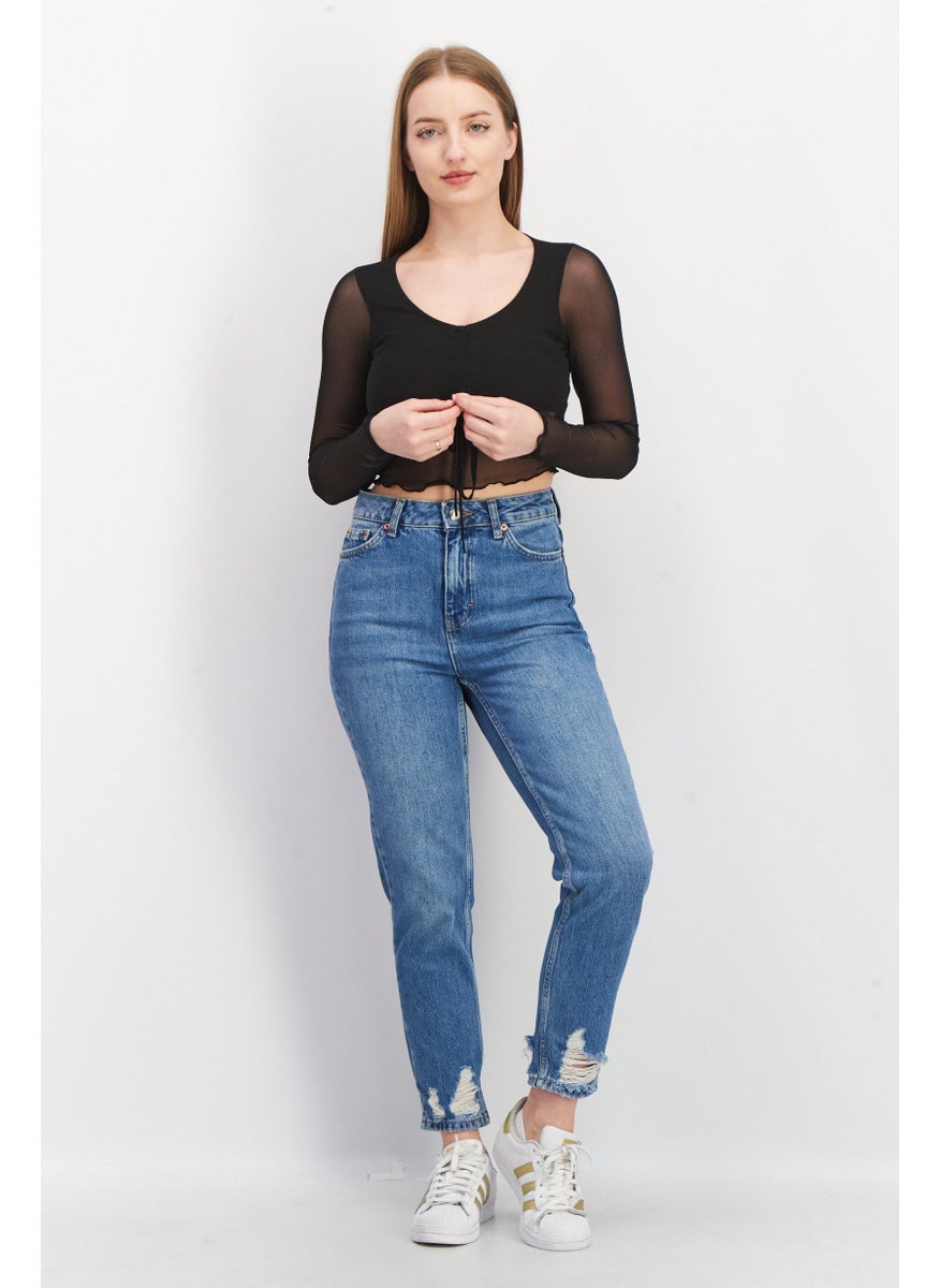Don't Call Me Jennyfer - Women V-Neck Long Sleeve Textured Top, Black - Image 1