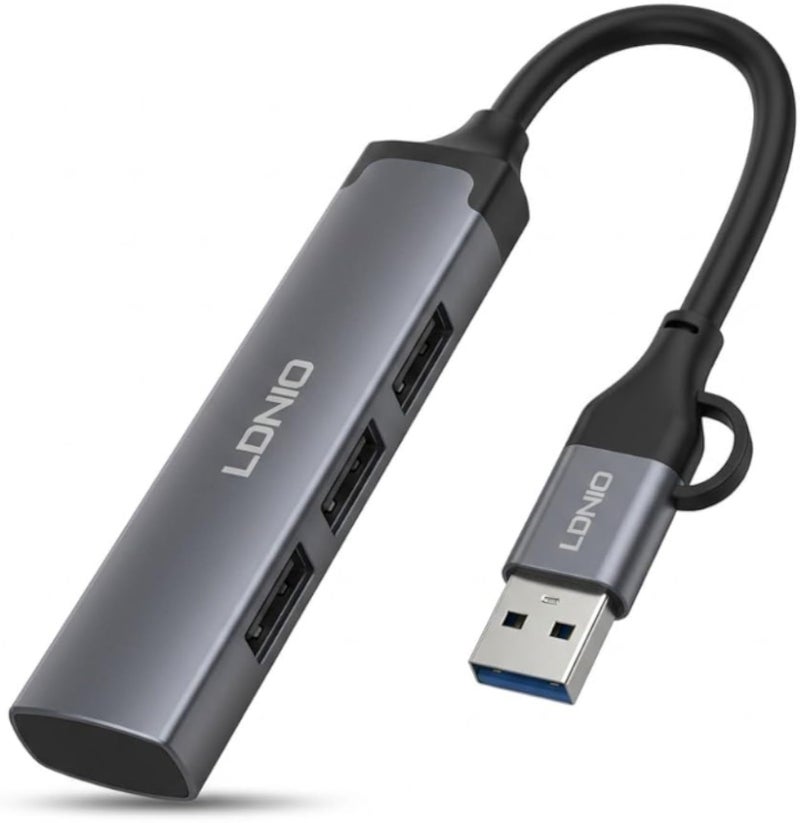 محول DS-64U متعدد المنافذ 4 في 1 - مدخل مزدوج من النوع C ومخرج USB-A، يدعم USB 3.0 و3 منافذ لنقل البيانات بسرعة 2.0-5 جيجابت في الثانية لأجهزة الكمبيوتر الشخصية والمحمولة والهواتف المحمولة