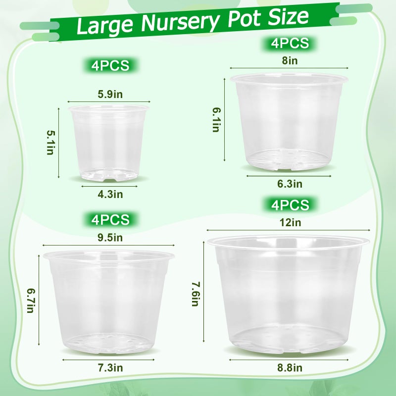 FUIJOL 6/8/10/12 Inch Large Clear Nursery Pots with Drainage, 16 Pack Clear Plastic Nursery Pots for Plants, Garden Seedling Starter Plant Pots for Succulents, Flower & Vegetable (6/8/10/12inch-16Pack) - Image 2