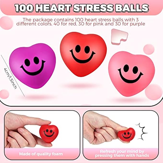 Jerify 100 Pieces Valentines Day Heart Stress Balls 1.5 Inch Smile Face Mini Squishy Stress Relief Balls Small Heart Shape Stress Ball Fun Party Favors Valentines Day Gifts for Little Teens and Adults - Image 2