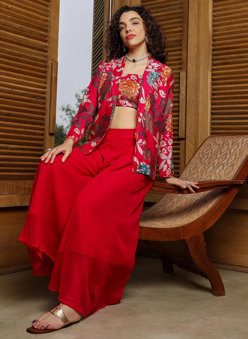 QISSA Women's Crimson Red Botanica Flared Co-Ord Set