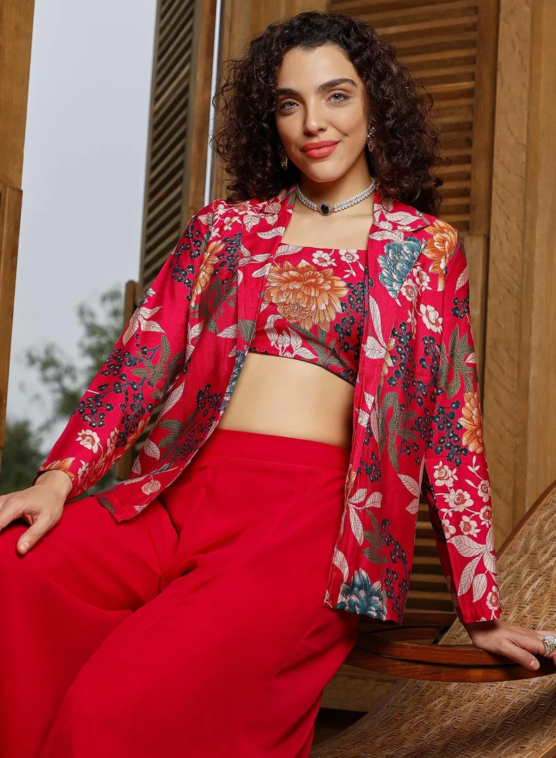 QISSA Women's Crimson Red Botanica Flared Co-Ord Set