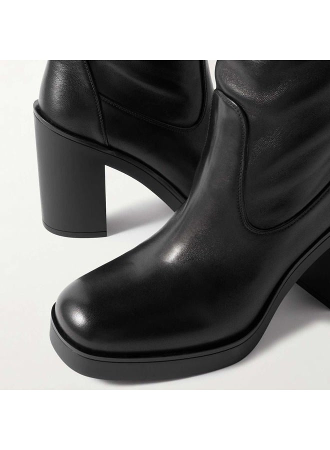 STALOV Black Leather Ruched Knee High Boots for Women Ruond Toe Side Zipper Fashion Booties Block Chunky Heel Platform Fall Boots, Black, 7 - Image 4