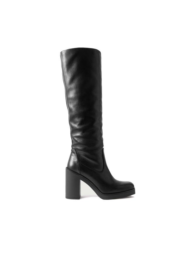 STALOV Black Leather Ruched Knee High Boots for Women Ruond Toe Side Zipper Fashion Booties Block Chunky Heel Platform Fall Boots, Black, 7 - Image 1