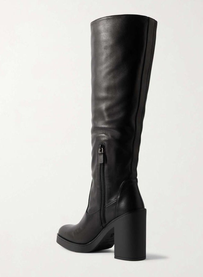 STALOV Black Leather Ruched Knee High Boots for Women Ruond Toe Side Zipper Fashion Booties Block Chunky Heel Platform Fall Boots, Black, 7 - Image 5