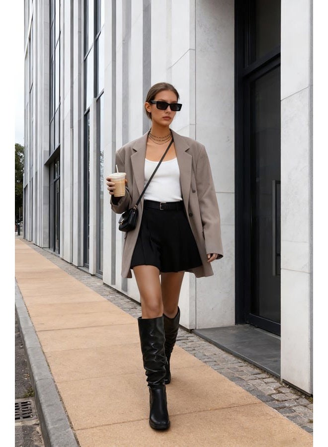 STALOV Black Leather Ruched Knee High Boots for Women Ruond Toe Side Zipper Fashion Booties Block Chunky Heel Platform Fall Boots, Black, 7 - Image 3