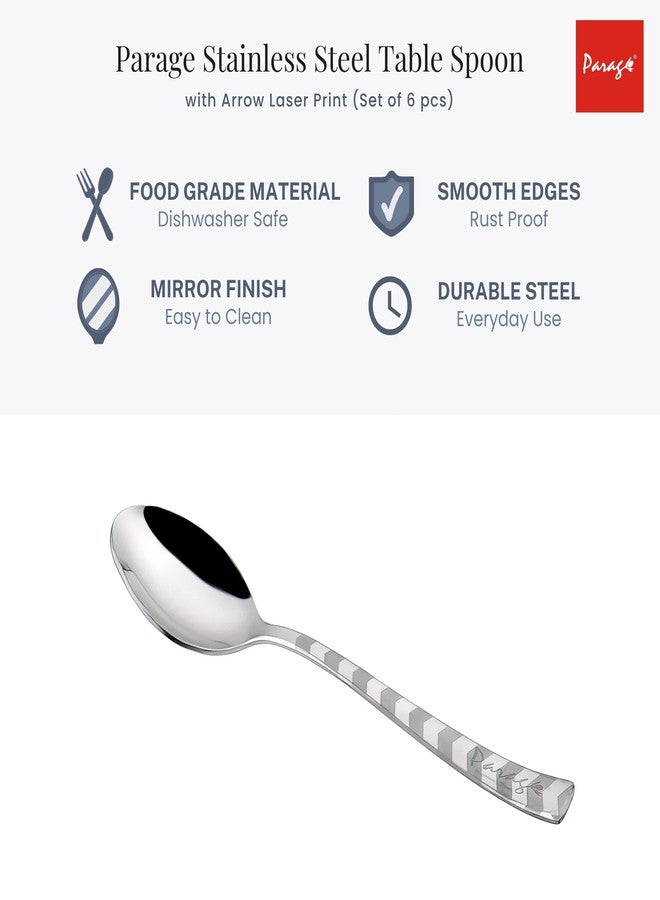 Parage 6 Pieces Stainless Steel Premium Dessert Spoons, Table Spoon, Big Spoon Set, Silver, Arrow Design,18 cm - Image 3