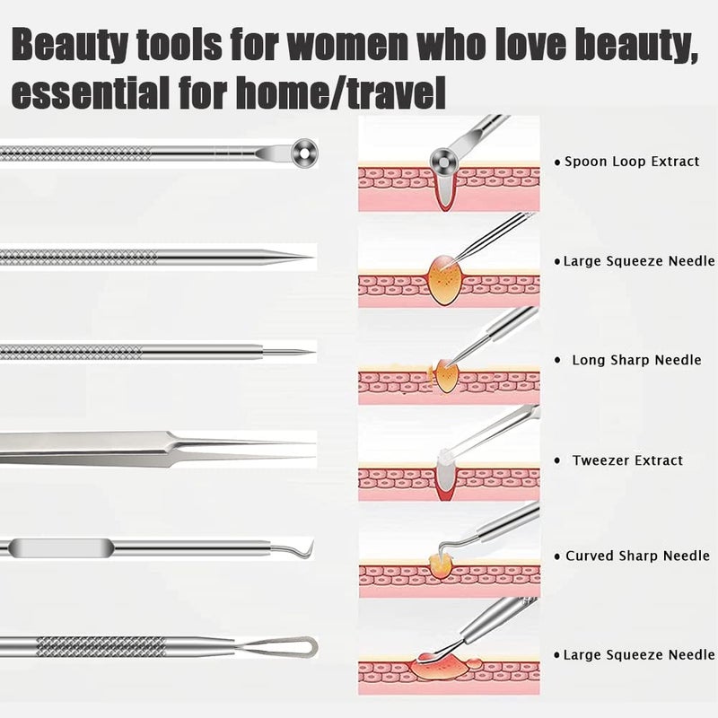 BLAAROOM Pimple Popper Tool Kit, 6 Pcs Blackhead Remover Acne Needle Tools Set Removing Treatment Comedone Whitehead Popping Zit for Nose Face Skin Blemish Extractor Tool - Silver - Image 4