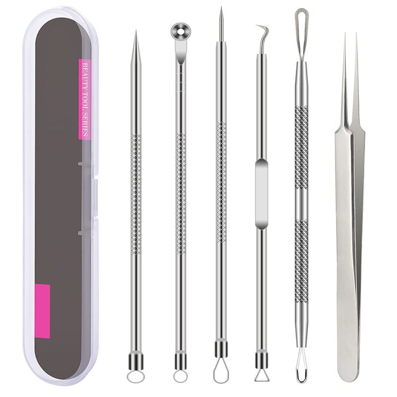 BLAAROOM Pimple Popper Tool Kit, 6 Pcs Blackhead Remover Acne Needle Tools Set Removing Treatment Comedone Whitehead Popping Zit for Nose Face Skin Blemish Extractor Tool - Silver - Image 1