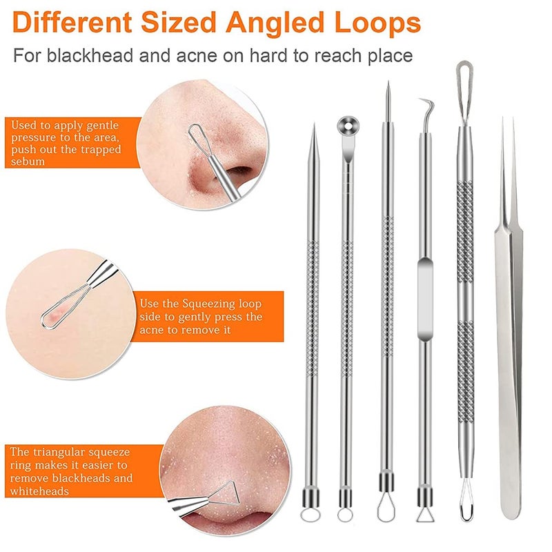 BLAAROOM Pimple Popper Tool Kit, 6 Pcs Blackhead Remover Acne Needle Tools Set Removing Treatment Comedone Whitehead Popping Zit for Nose Face Skin Blemish Extractor Tool - Silver - Image 3