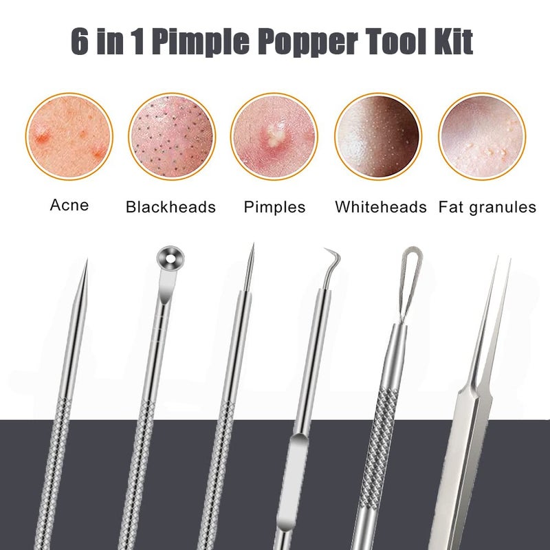 BLAAROOM Pimple Popper Tool Kit, 6 Pcs Blackhead Remover Acne Needle Tools Set Removing Treatment Comedone Whitehead Popping Zit for Nose Face Skin Blemish Extractor Tool - Silver - Image 5