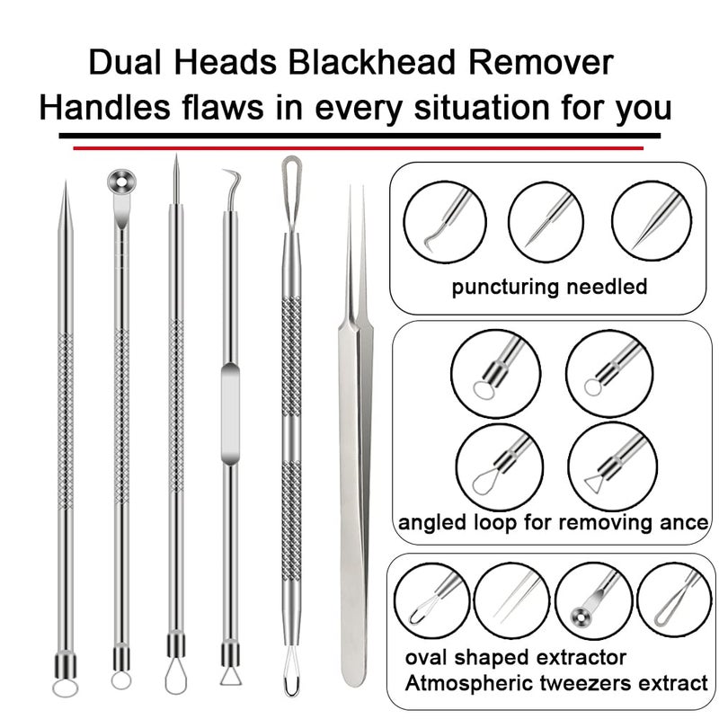 BLAAROOM Pimple Popper Tool Kit, 6 Pcs Blackhead Remover Acne Needle Tools Set Removing Treatment Comedone Whitehead Popping Zit for Nose Face Skin Blemish Extractor Tool - Silver - Image 2
