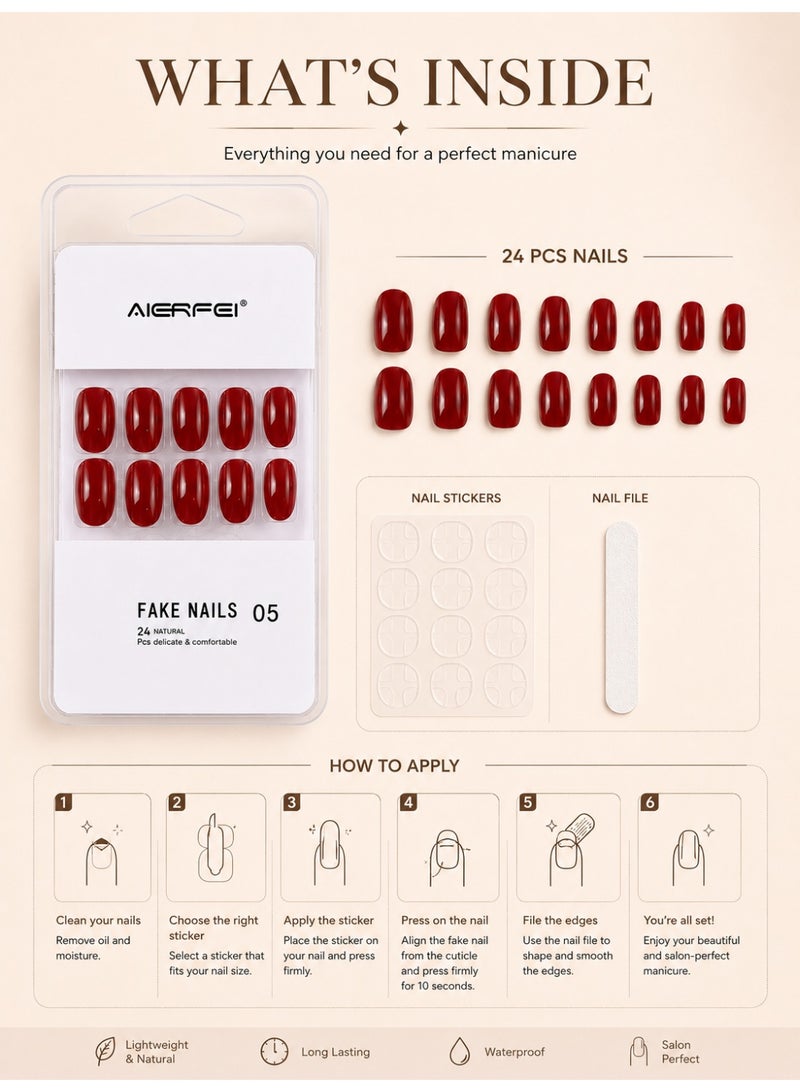 AIERFEI Premium Ruby Red Glossy Press On Nails – 24 Pcs Reusable Fake Nails Set for Women, Short Oval Full Cover Artificial Nails with Comfortable Fit for Daily Wear & Parties - Image 4