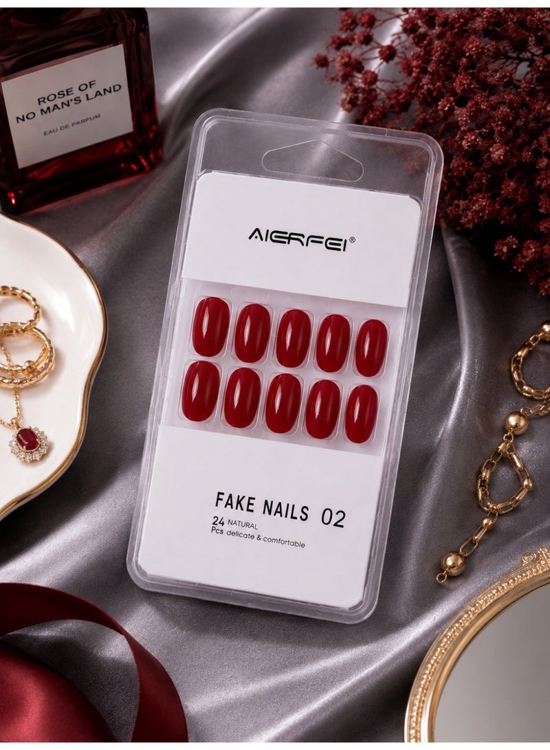 AIERFEI Premium Ruby Red Glossy Press On Nails – 24 Pcs Reusable Fake Nails Set for Women, Short Oval Full Cover Artificial Nails with Comfortable Fit for Daily Wear & Parties - Image 2