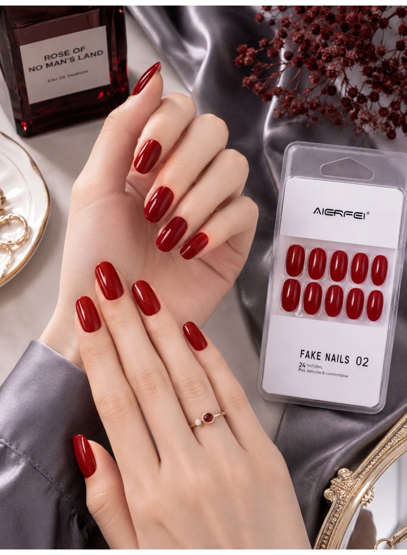 AIERFEI Premium Ruby Red Glossy Press On Nails – 24 Pcs Reusable Fake Nails Set for Women, Short Oval Full Cover Artificial Nails with Comfortable Fit for Daily Wear & Parties - Image 1
