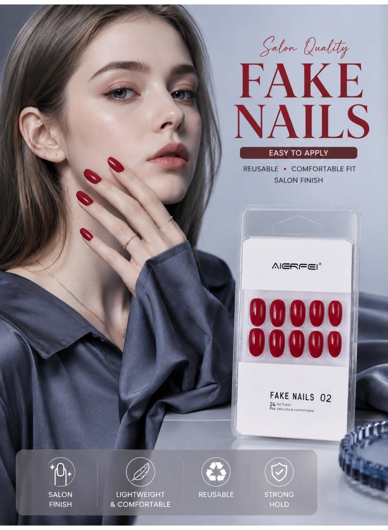 AIERFEI Premium Ruby Red Glossy Press On Nails – 24 Pcs Reusable Fake Nails Set for Women, Short Oval Full Cover Artificial Nails with Comfortable Fit for Daily Wear & Parties - Image 3