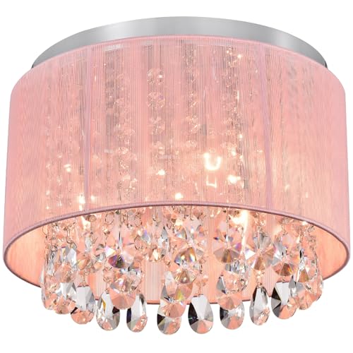 LaLuLa Pink Chandelier Drum Flush Mount Chandelier Crystal Ceiling Light Fixture 3 Light Bedroom Chandelier - Image 1