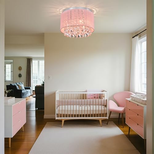 LaLuLa Pink Chandelier Drum Flush Mount Chandelier Crystal Ceiling Light Fixture 3 Light Bedroom Chandelier - Image 3