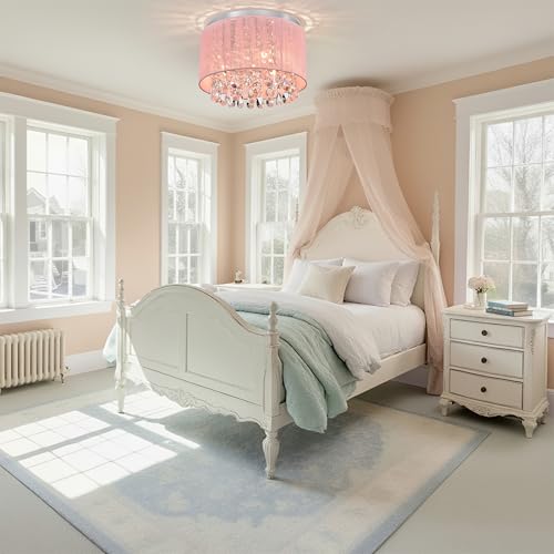 LaLuLa Pink Chandelier Drum Flush Mount Chandelier Crystal Ceiling Light Fixture 3 Light Bedroom Chandelier - Image 2