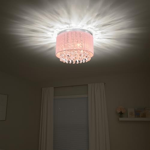 LaLuLa Pink Chandelier Drum Flush Mount Chandelier Crystal Ceiling Light Fixture 3 Light Bedroom Chandelier - Image 4