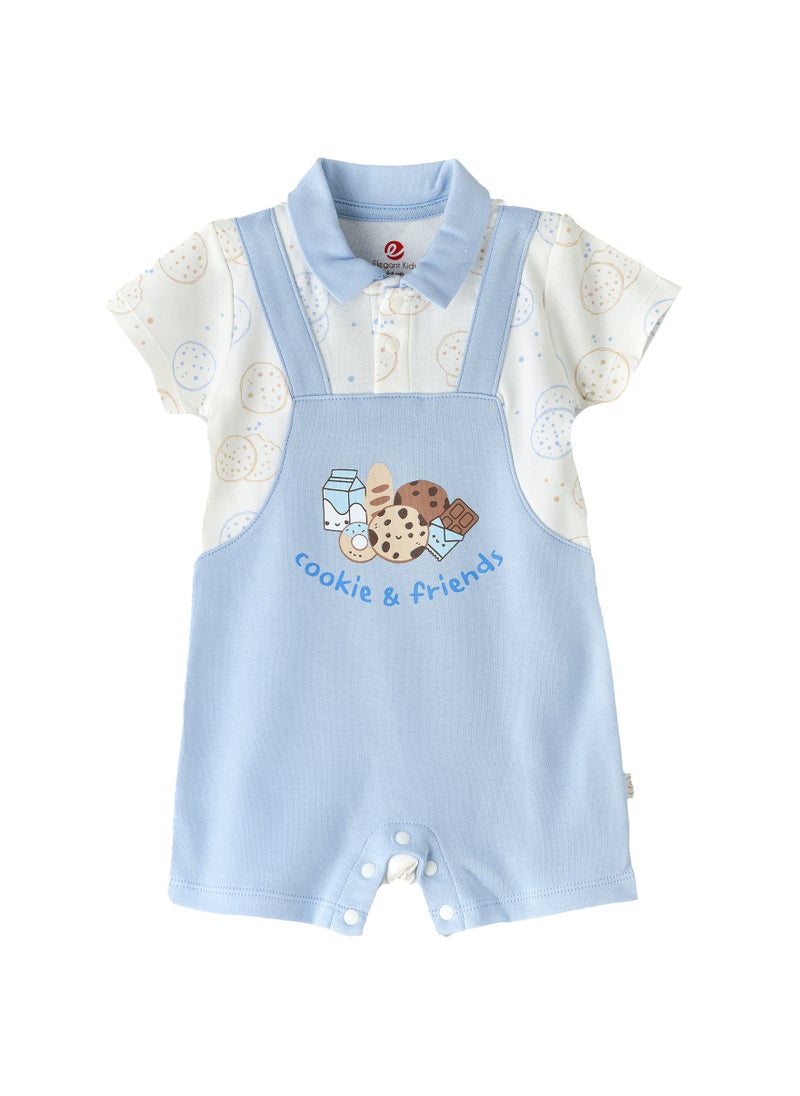 Elegant Kids Baby Boys' Cookie & Friends Short Sleeve Romper with Blue Overall Design  - Image 1