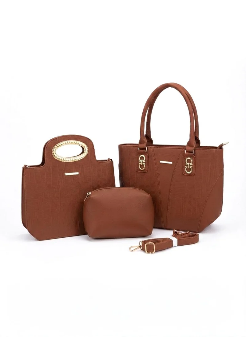 Viny Viny Women's 3-Piece Tote Bag Set – Faux Leather Everyday Handbag with Detachable Strap – Apricot, Blue, Brown, Grey, Tan