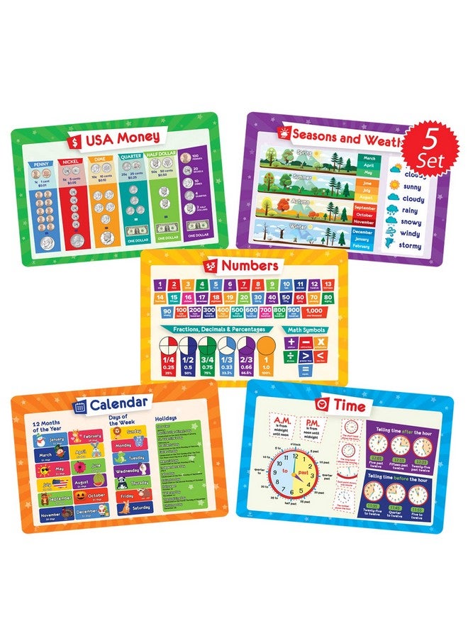 Simply Magic 5 Placemats for Kids - Kids Placemats Non Slip, Washable Reusable Toddler Placemats, Educational Placemats: Money, Numbers, Weather and Seasons, Calendar, Time, Plastic Placemats for Kids - Image 1