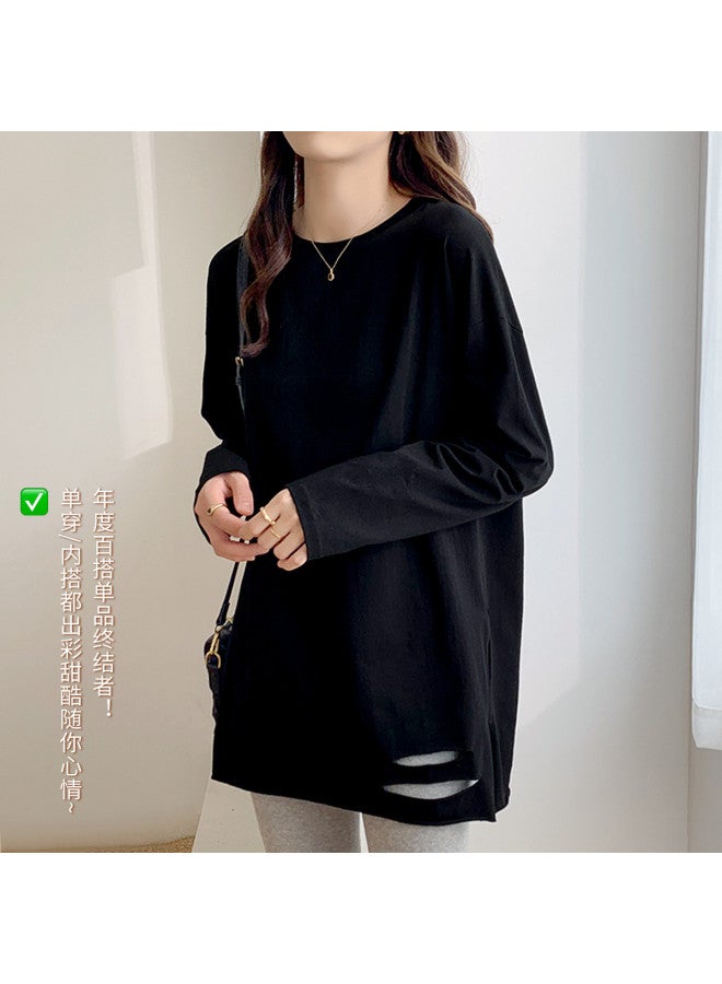 LANG SHA Hem Distressed Long Sleeve T-Shirt Women'S Solid Color Mid-Length Versatile Top - Image 4