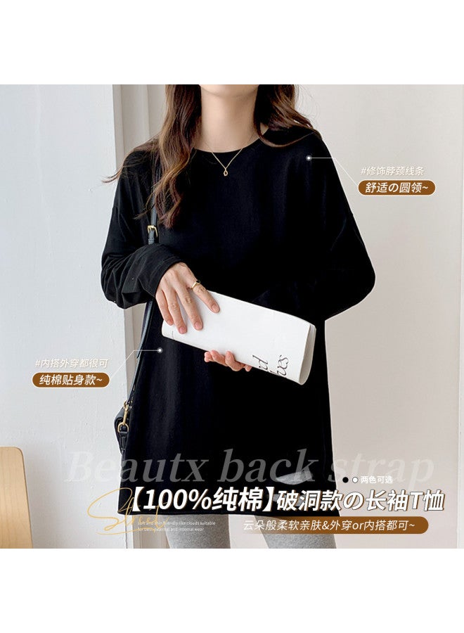LANG SHA Hem Distressed Long Sleeve T-Shirt Women'S Solid Color Mid-Length Versatile Top - Image 3