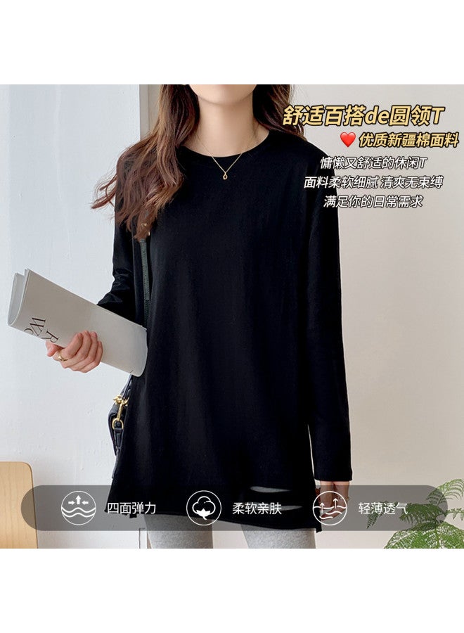 LANG SHA Hem Distressed Long Sleeve T-Shirt Women'S Solid Color Mid-Length Versatile Top - Image 5