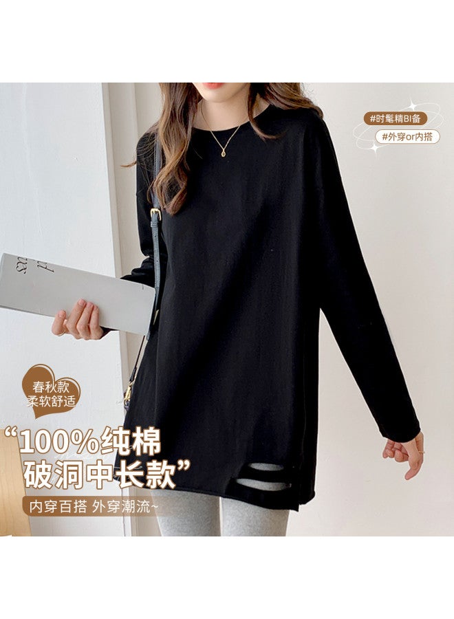 LANG SHA Hem Distressed Long Sleeve T-Shirt Women'S Solid Color Mid-Length Versatile Top - Image 2